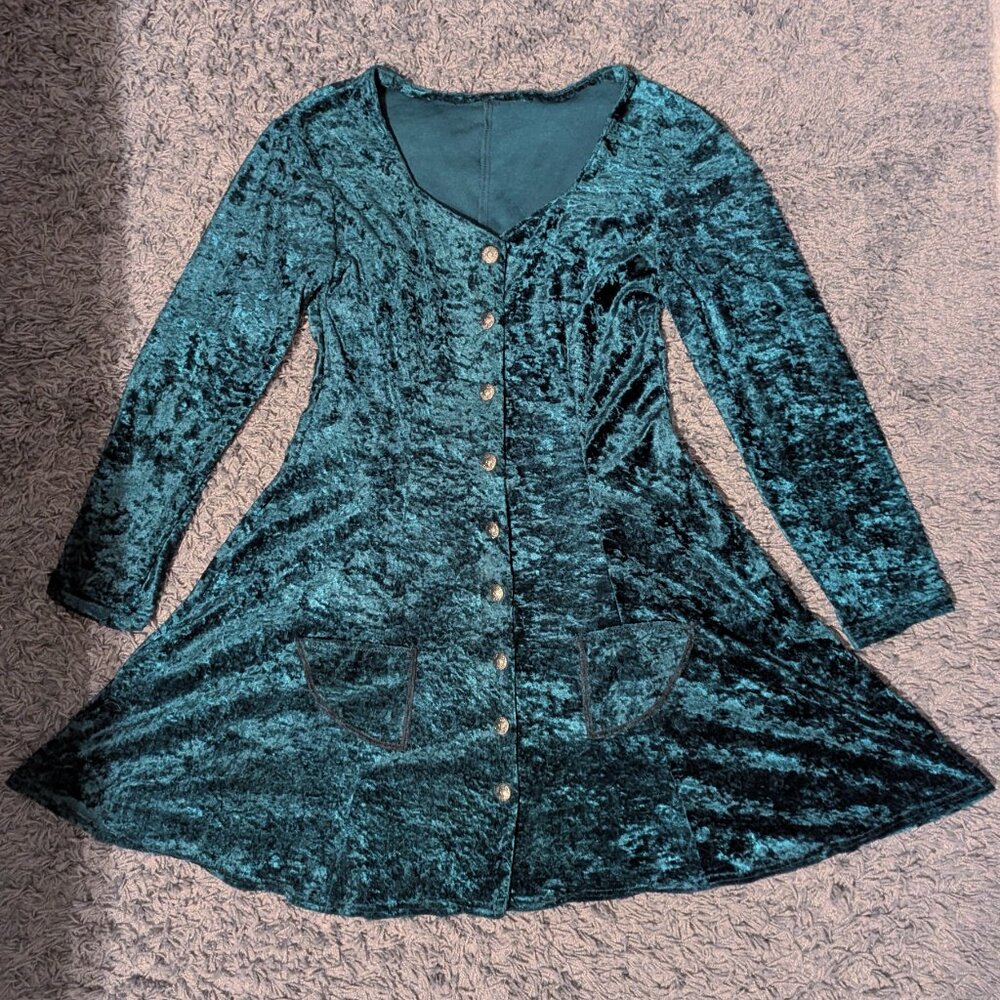 Vintage Emerald Green Crushed Velvet Skater Babydoll Fit Flare Dress Whimsigoth - Picture 5 of 13